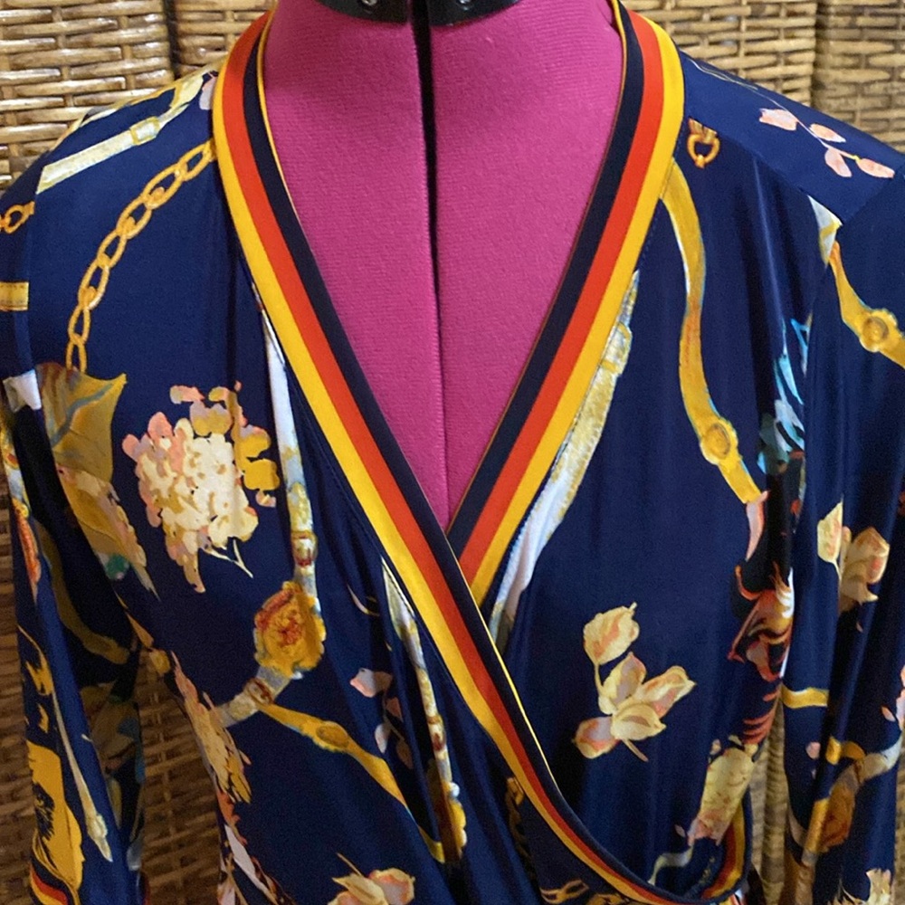 EUC Mlle Gabrielle blue golden yellow red three quarter sleeve maxi Dress 1X - Picture 2 of 6